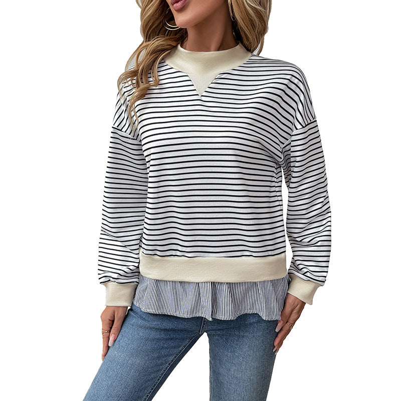 Sweat-shirt tendance pour femmes avec motif de rayures asymétriques et finition à volants Levoire