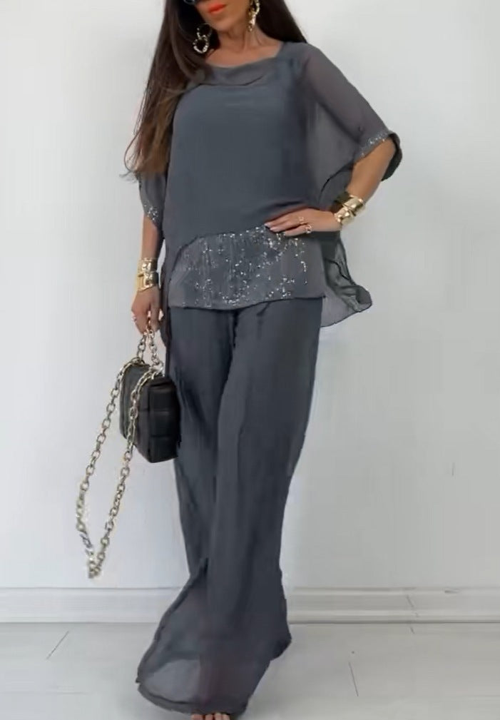 Costume de pantalon deux pièces élégant pour femmes avec haut scintillant Levoire