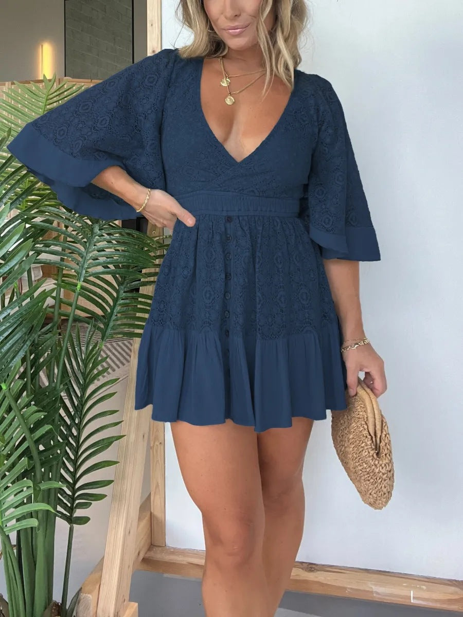 Levoire | Élégante Robe Mini En Dentelle Avec Décolleté En V Bleu marine