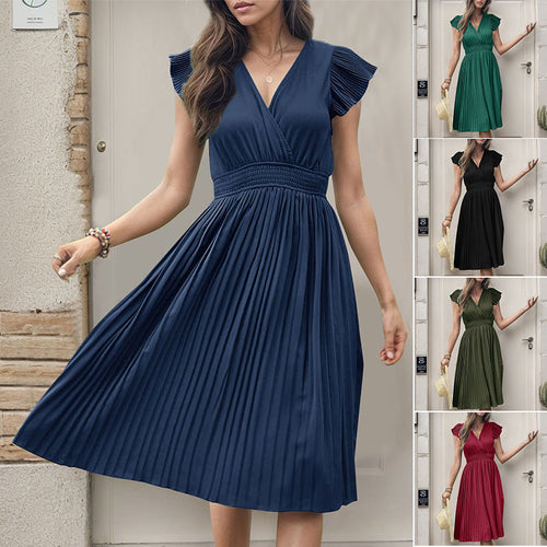Robe midi plissée pour femmes avec col en V et manches volumineuses Levoire