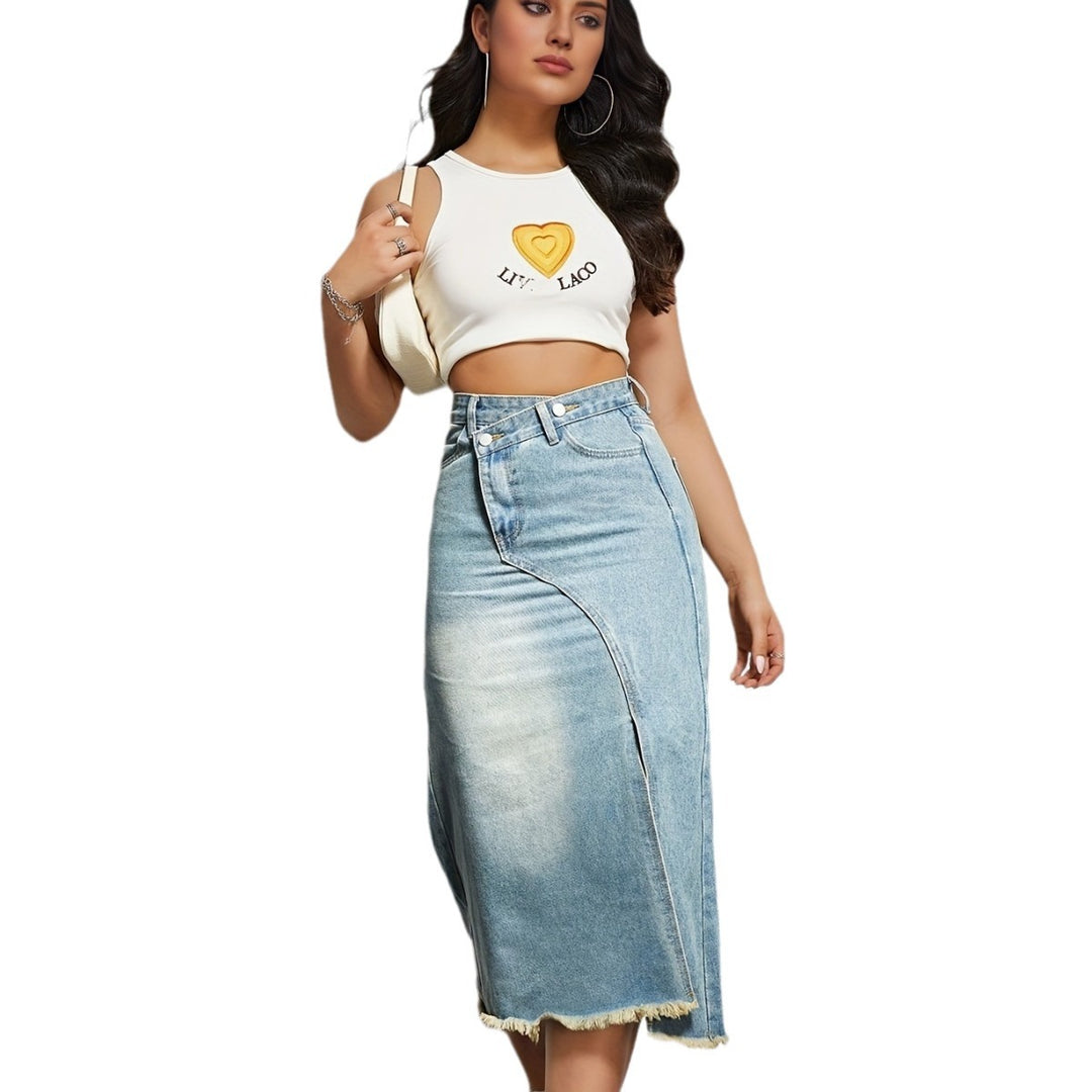 Jupe en denim longue pour femme avec fente asymétrique et ourlet effiloché Levoire