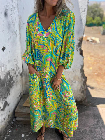 Levoire | Élégante Femmes Printemps Été Imprimé Robe V-Décolleté #3