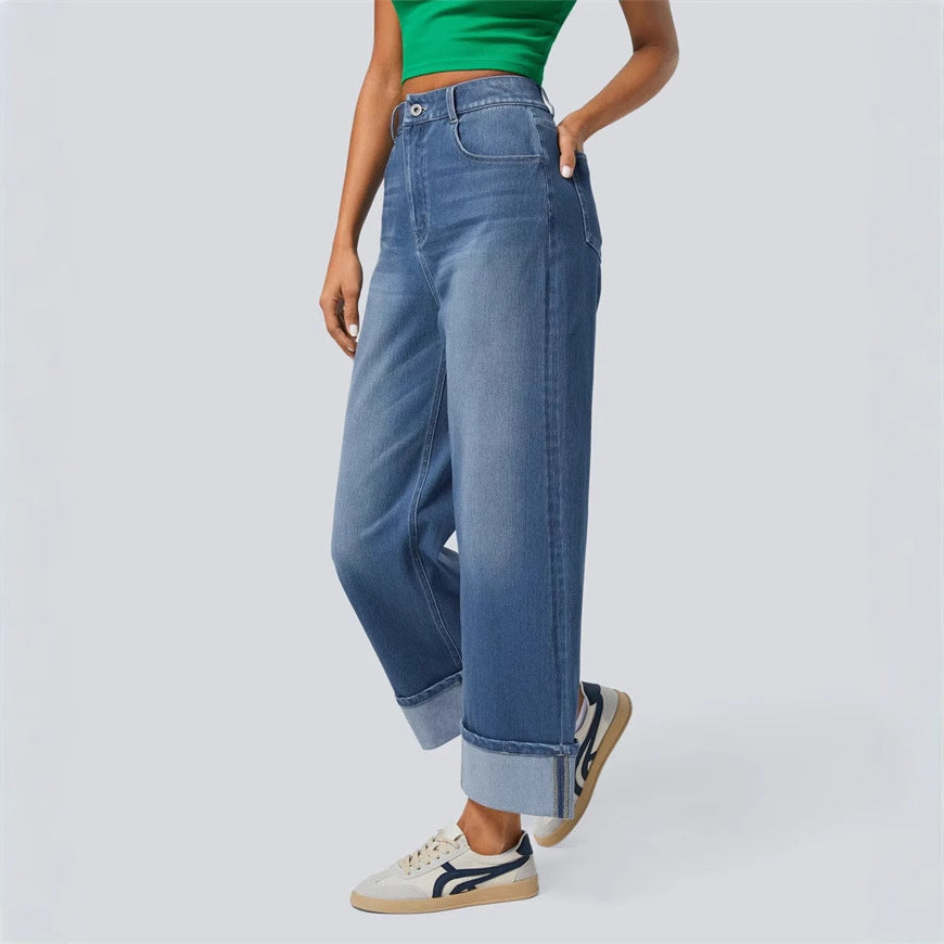 Pantalons en denim à large coupe pour femmes avec ourlet à revers Levoire