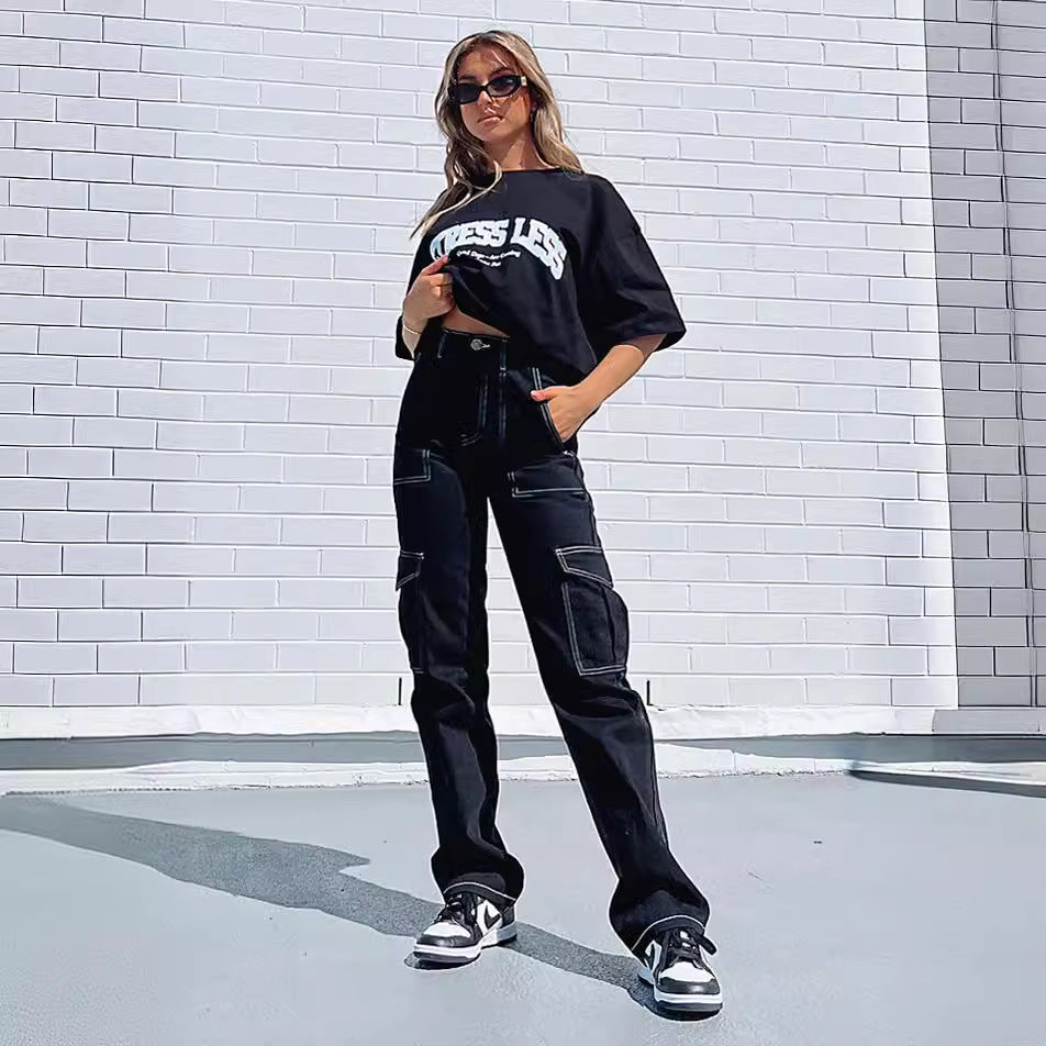 Pantalons cargo pour femmes au style urbain décontracté avec taille haute et poches latérales pratiques Levoire