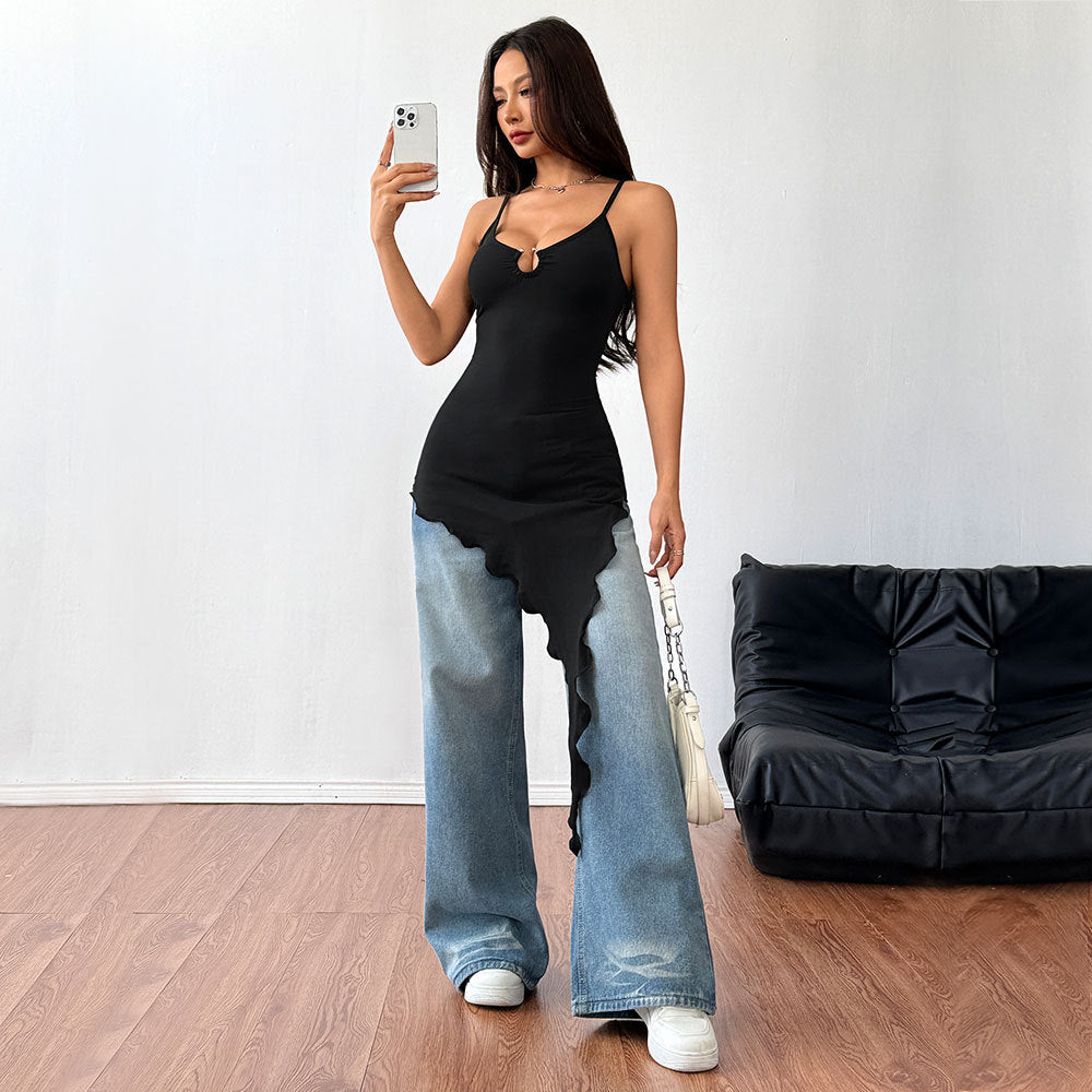 T-shirt à manches longues asymétrique pour femmes avec design de col décoratif Levoire