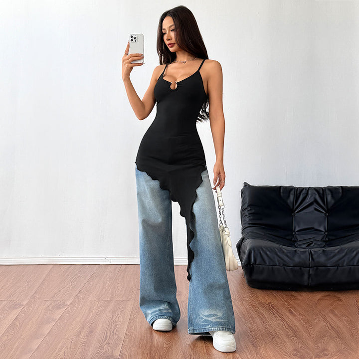 T-shirt à manches longues asymétrique pour femmes avec design de col décoratif Levoire