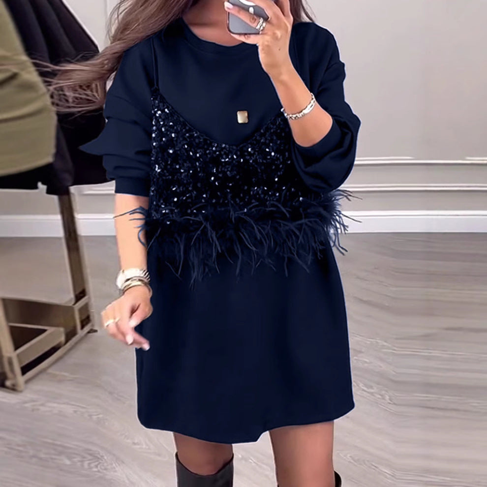 Robe de sweat à la mode pour femmes avec des détails en sequins et plumes Levoire
