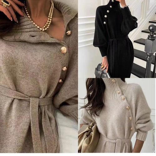 Robe en tricot pour femme avec col haut et détails de boutons décoratifs Levoire