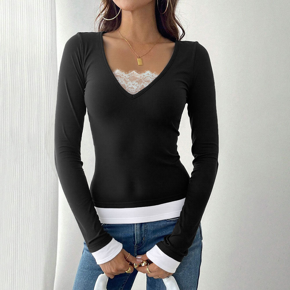 Chemise à manches longues pour femmes avec col en V et sous-vêtement tendance Levoire