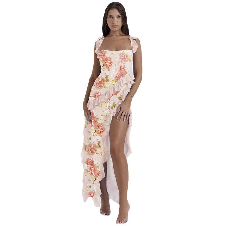 Robe asymétrique élégante pour femmes avec détails en volants et motif floral Levoire