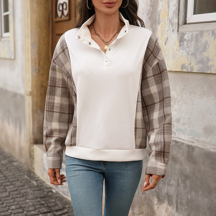 Sweat-shirt féminin à la mode avec motif à carreaux et détails de boutons Levoire