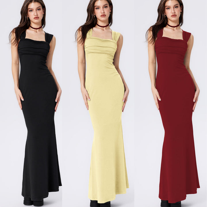 Robe maxi ajustée pour femmes avec corsage froncé et bretelles modernes Levoire
