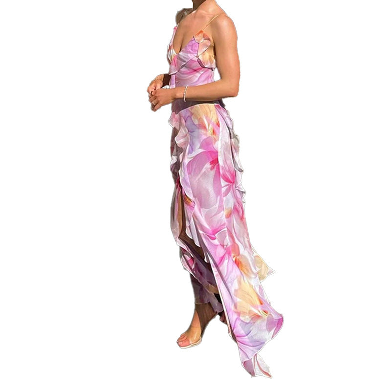 Robe maxi femme avec volants floraux et fente élégante Levoire