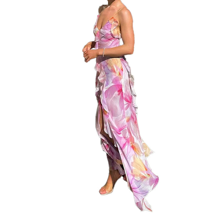 Robe maxi femme avec volants floraux et fente élégante Levoire