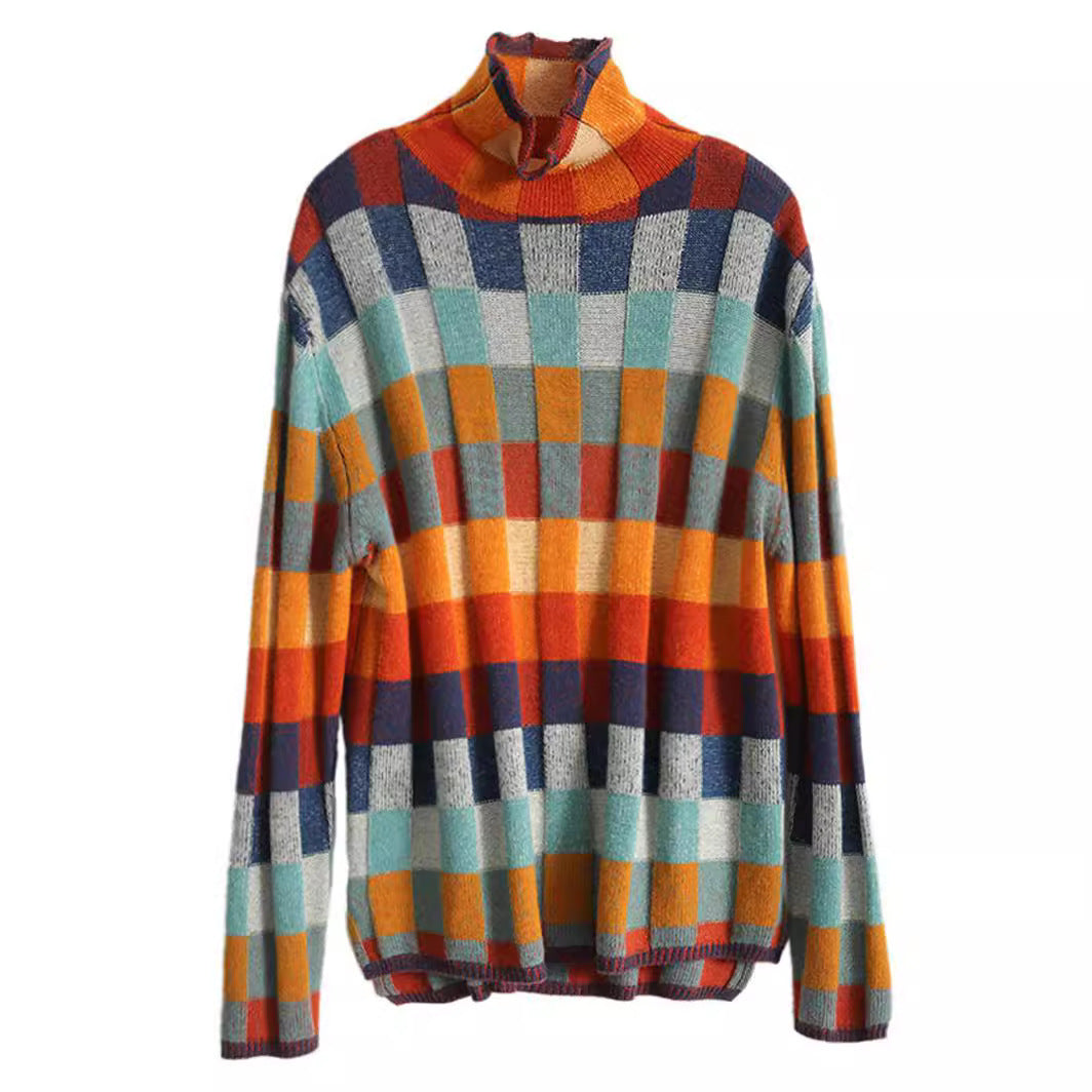 Pull à carreaux coloré pour femmes avec col montant et tricot doux Levoire