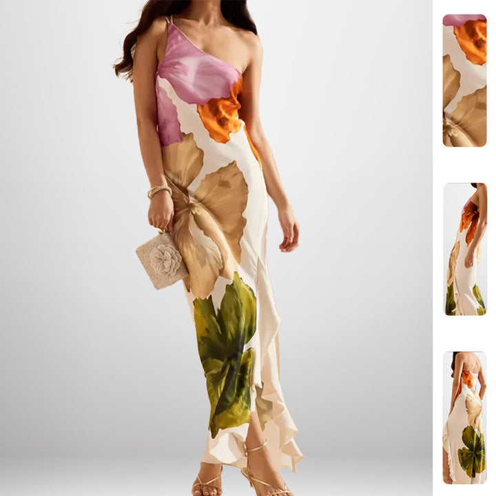 Robe maxi pour dames avec motif floral et décolleté asymétrique Levoire