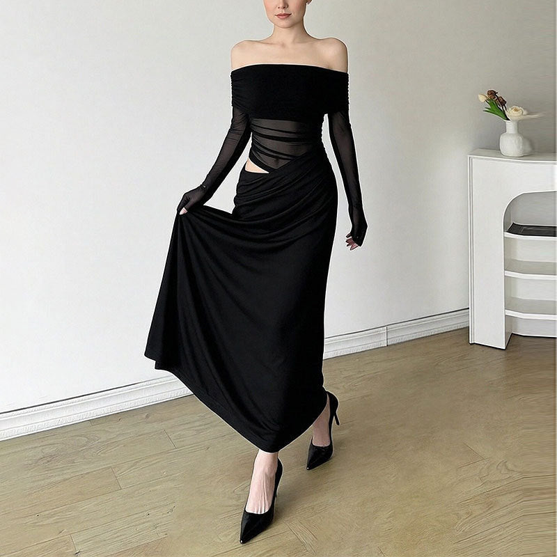 Robe maxi élégante pour femme à épaules découvertes avec détails en volants et manches longues Levoire