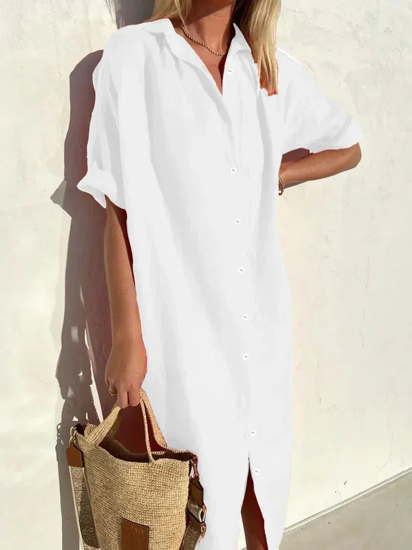 Levoire | Robe à boutons à manches amples, élégante et décontractée, pour femmes robes en coton et en lin Blanc