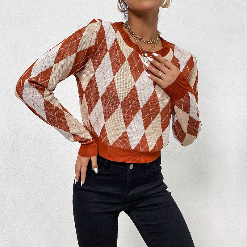 Pull en tricot à la mode pour femme avec motif en losange et coupe décontractée Levoire