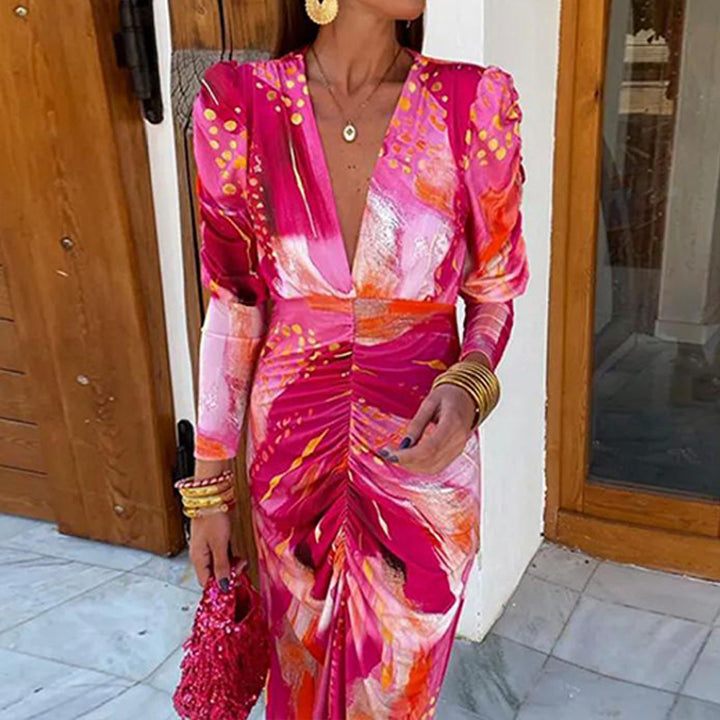 Robe maxi pour femmes avec un élégant décolleté en V et des manches bouffantes luxueuses Levoire