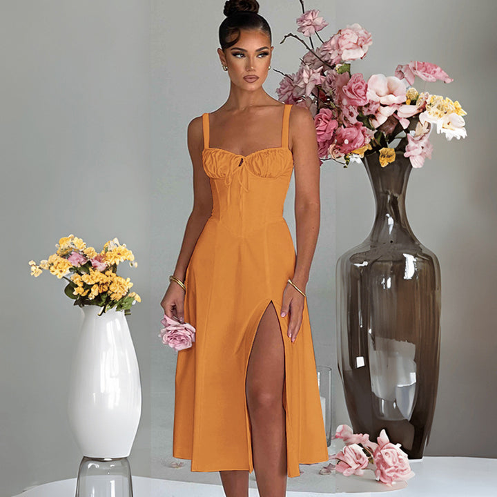 Robe Midi Élégante pour Femmes avec Décolleté en V Profond et Élément de Taille Raffinée Levoire