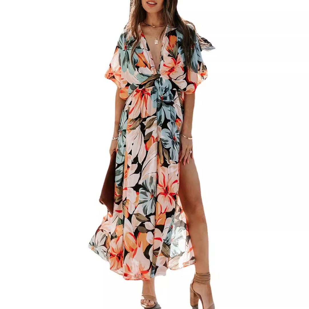 Robe Maxi Femme avec Décolleté en V Profond et Fente Latérale Levoire