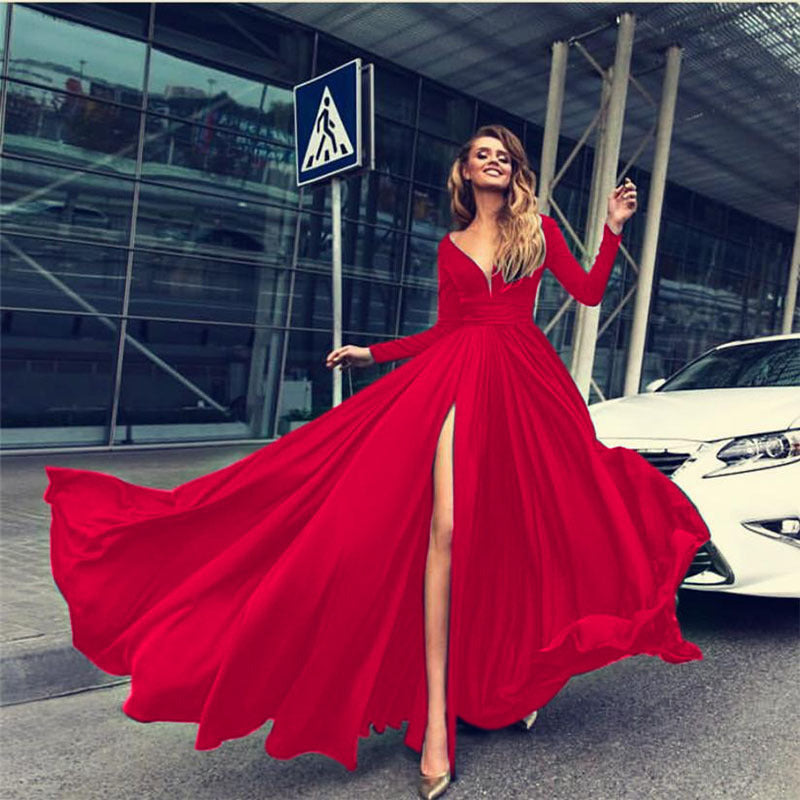 Levoire | Robe Longue à Manches Longues V Profonde Attrayante