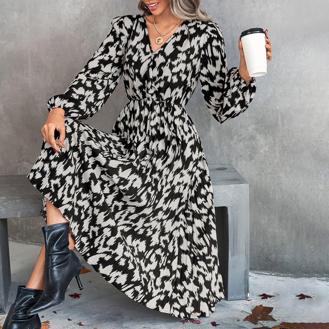 Robe Midi Femme avec Décolleté en V Élégant et Manches Volumineuses Levoire
