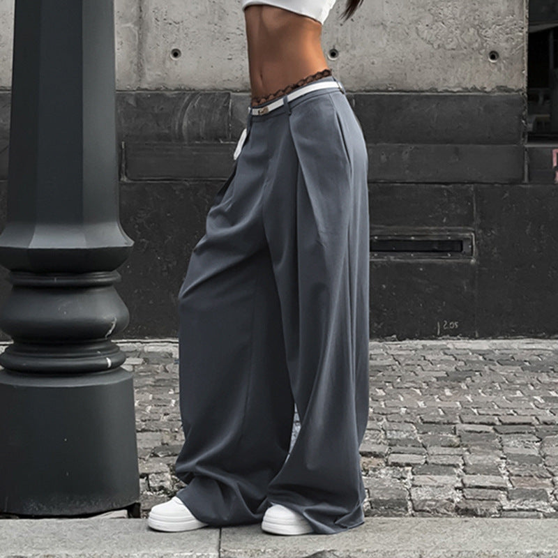 Pantalons larges élégants pour femmes avec taille haute et ceinture en dentelle décorative Levoire