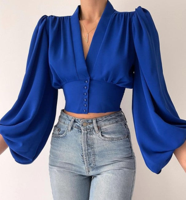 Levoire | Haut à manches bouffantes à décolletage en V romantique Bleu