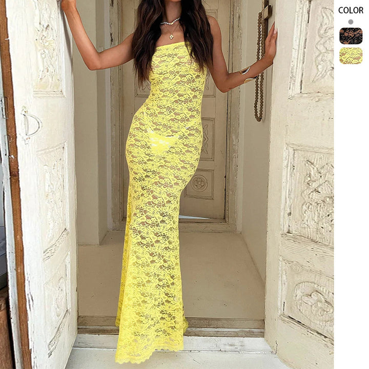Robe maxi élégante en dentelle pour femmes avec design sans bretelles et coupe ajustée Levoire