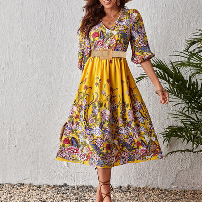 Levoire | Robe à manches courtes imprimée avec ceinture et décolleté en V Jaune