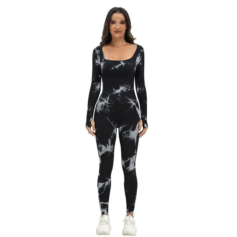 Levoire | Pantalons de yoga de sport sans couture avec des manches longues et un encolure carrée en design batik Ruban noir Float