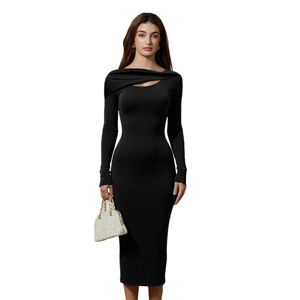 Robe longue à manches longues pour femme, moulante, avec décolleté asymétrique et design drapé élégant Levoire