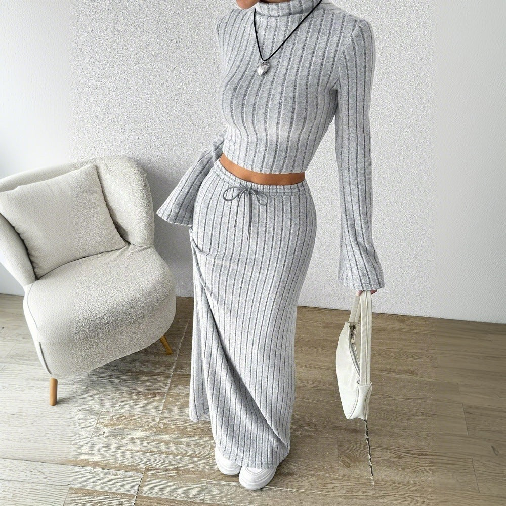 Ensemble crop top à manches longues pour femmes et jupe maxi avec texture côtelée élégante Levoire