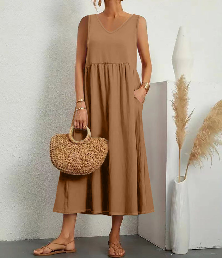 Levoire | Élégant été robe en coton-lin unie sans bretelles décolleté en V Couleur camel