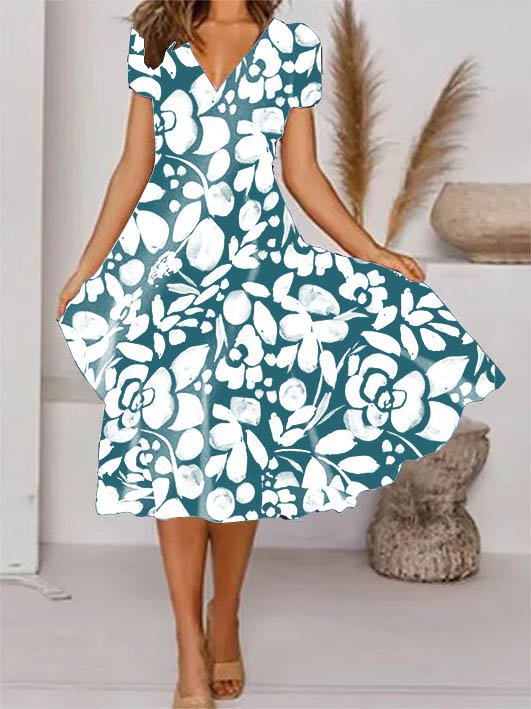Levoire | Robe à manches courtes avec décolleté en V à imprimé floral élégant Bleu ciel