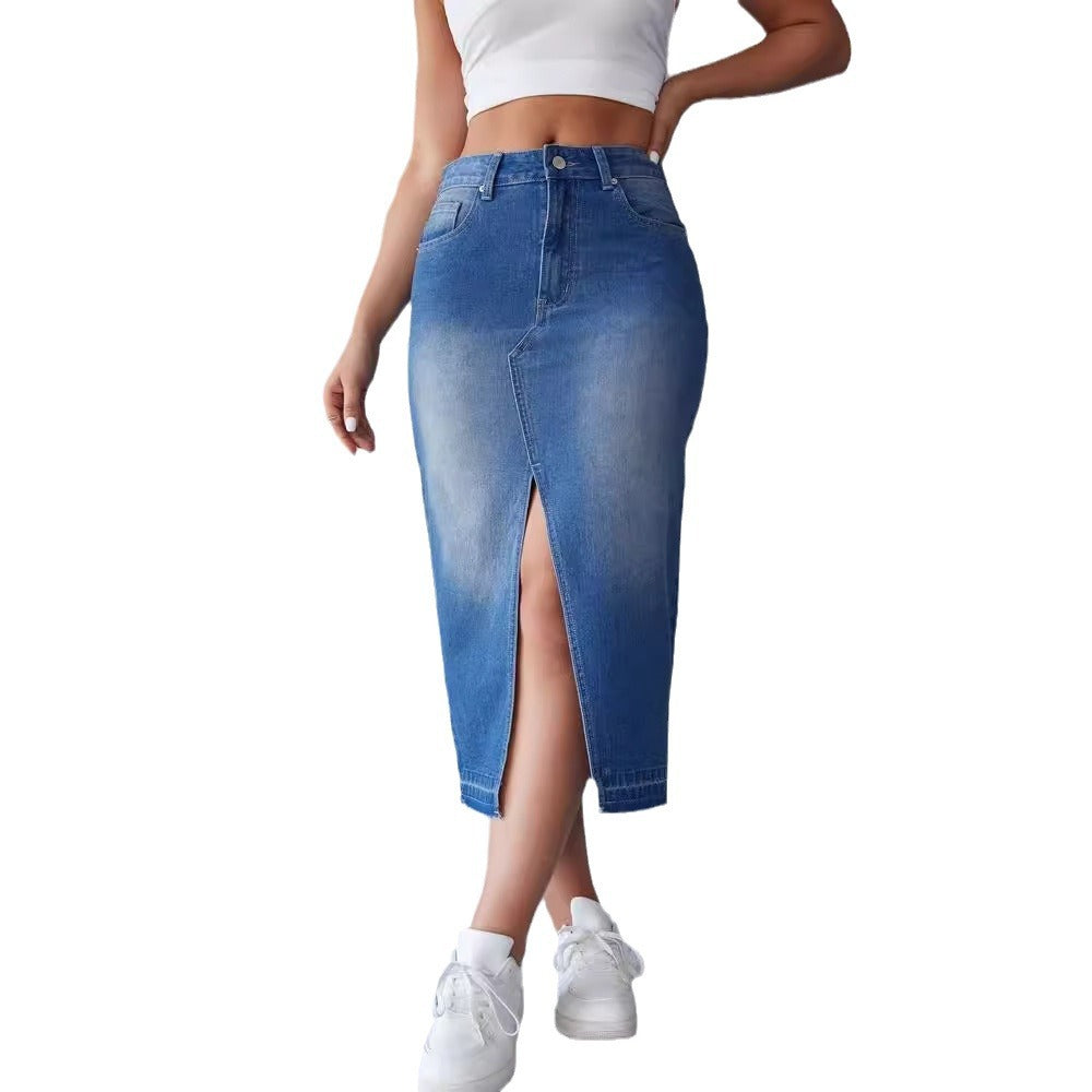 Jupe maxi en denim pour femme avec fente latérale et franges modernes Levoire