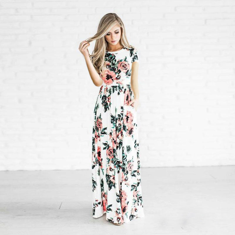 Levoire | Robe à fleurs Robe longue Robe à fleurs Jupe large Robe Chemise blanche à manches courtes