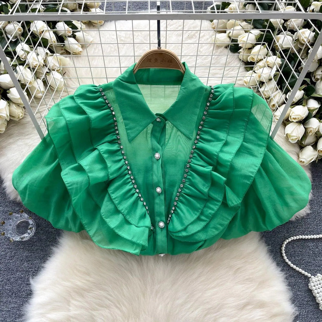 Levoire | Top avec des diamants transparents et fins et des manches bouffantes Vert Taille libre