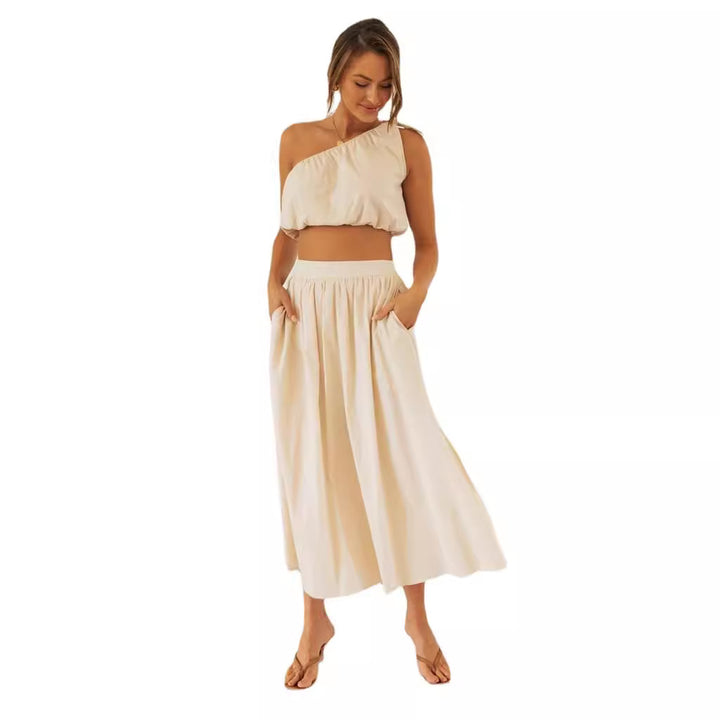 Ensemble femme deux pièces avec haut asymétrique et jupe fluide Levoire
