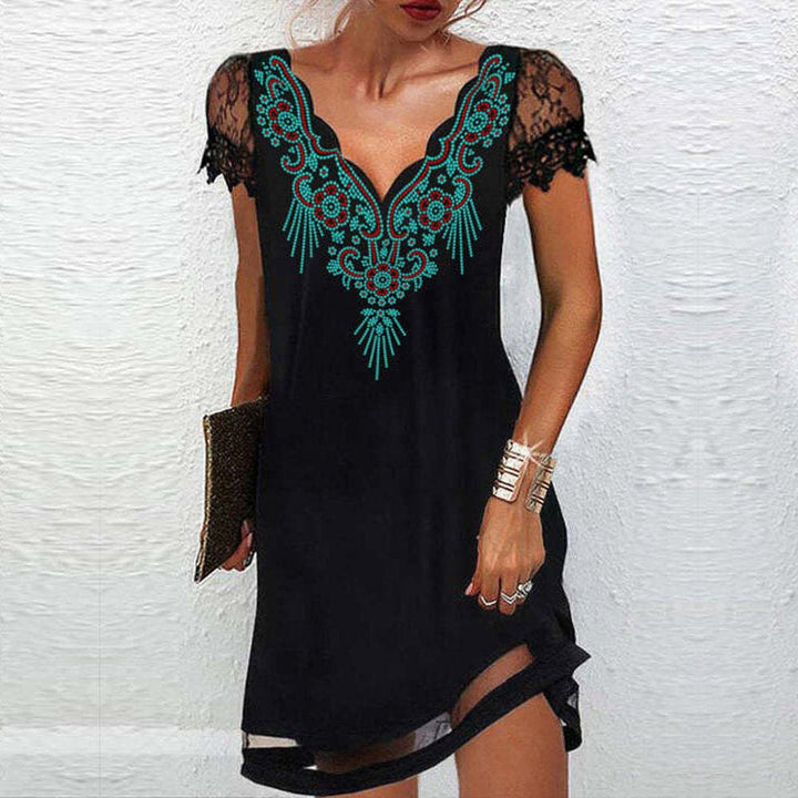 Levoire | Élégant robe midi en dentelle imprimée sans manches 1-Fleur bleue