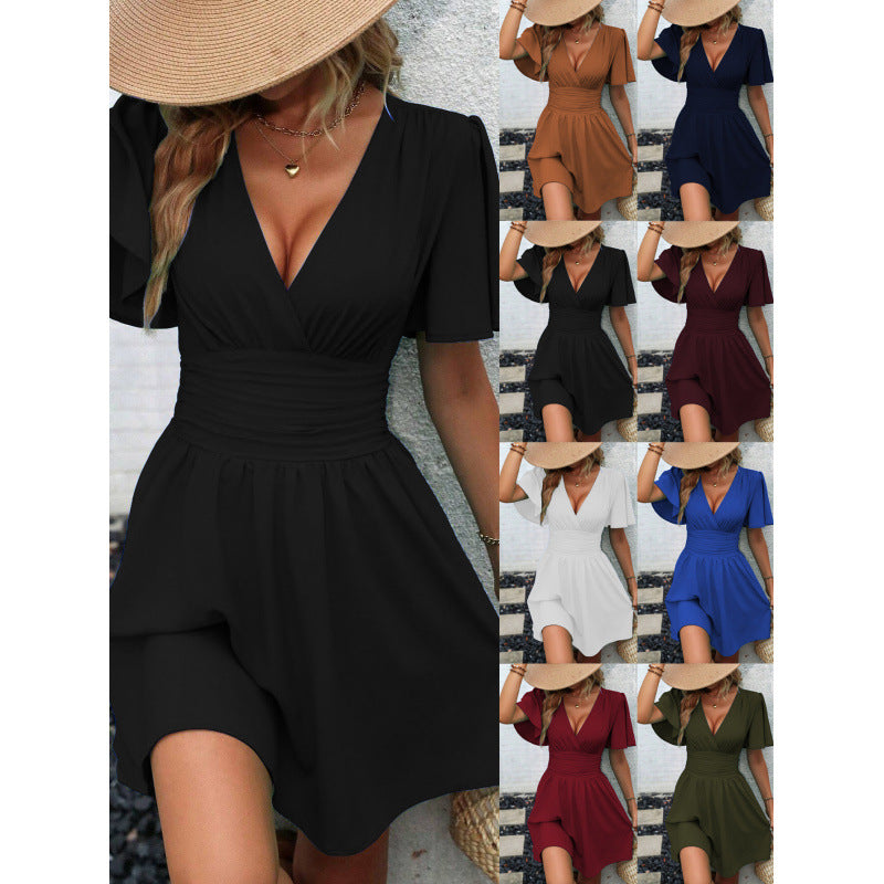 Levoire | Robe froncée Col en V Manche à volants Robe froncée Poids : S : 270g -- 2XL : 330g