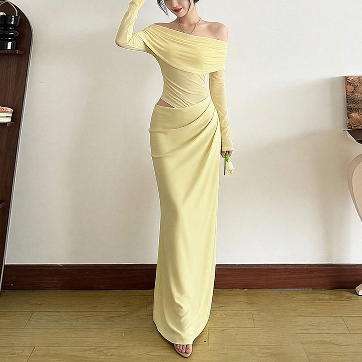 Robe maxi élégante pour femme à épaules découvertes avec détails en volants et manches longues Levoire