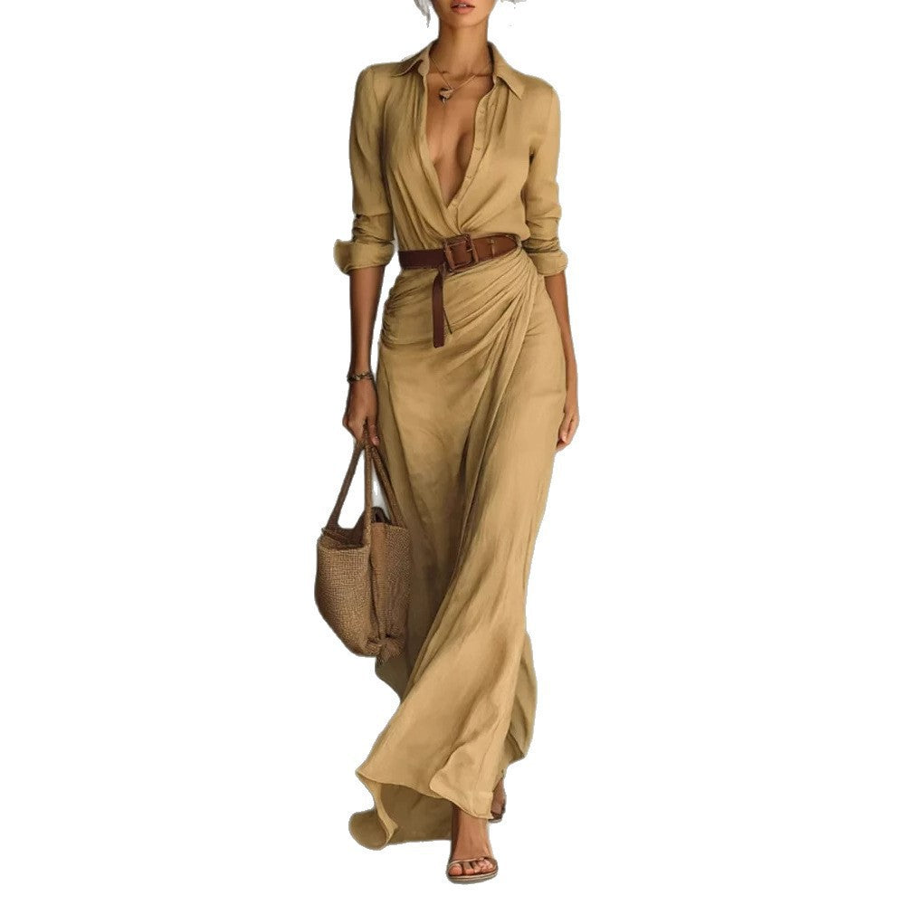 Robe maxi pour femme avec col de chemise classique et ceinture latérale Levoire