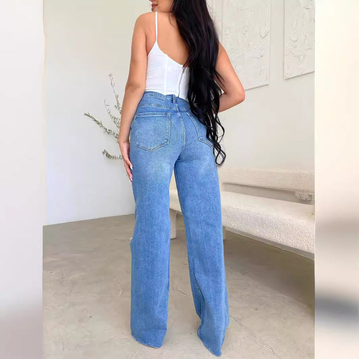 Femmes Jeans Vintage Ample en Style Détérioré avec Taille Haute Levoire
