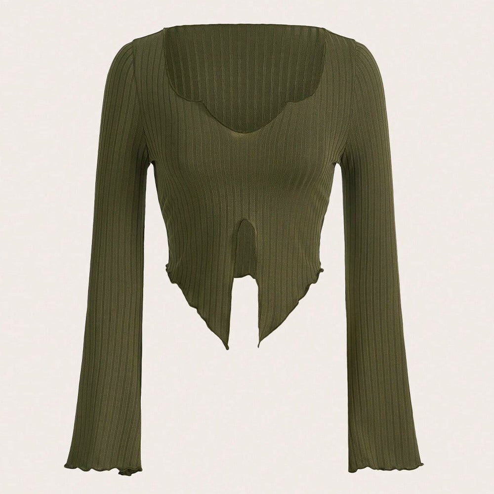 Chemise longue à manches longues pour femmes, cropped, avec ourlet asymétrique et détails de volants élégants Levoire