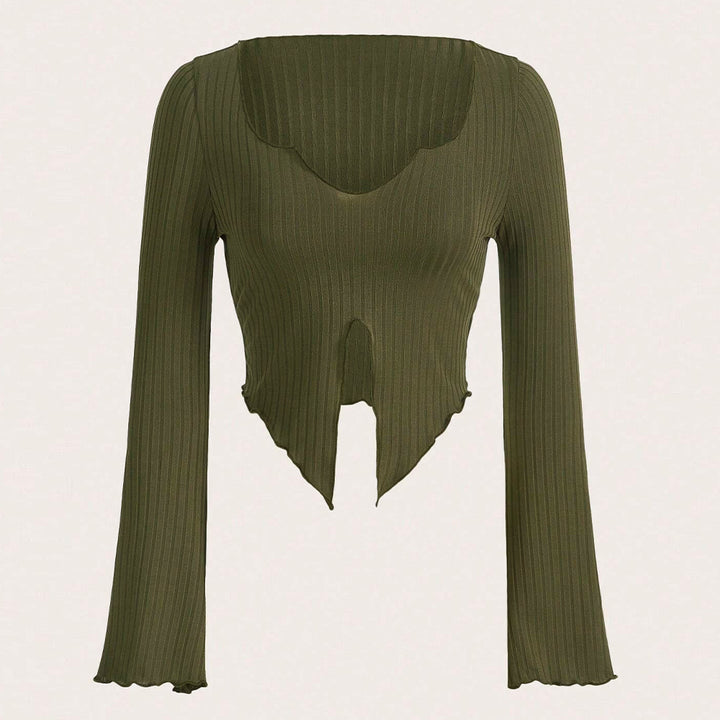 Chemise longue à manches longues pour femmes, cropped, avec ourlet asymétrique et détails de volants élégants Levoire