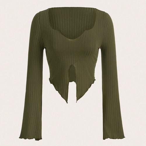 Chemise longue à manches longues pour femmes, cropped, avec ourlet asymétrique et détails de volants élégants Levoire