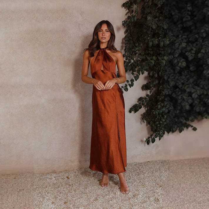 Robe maxi à col halter pour femme avec fente latérale et tissu scintillant Levoire